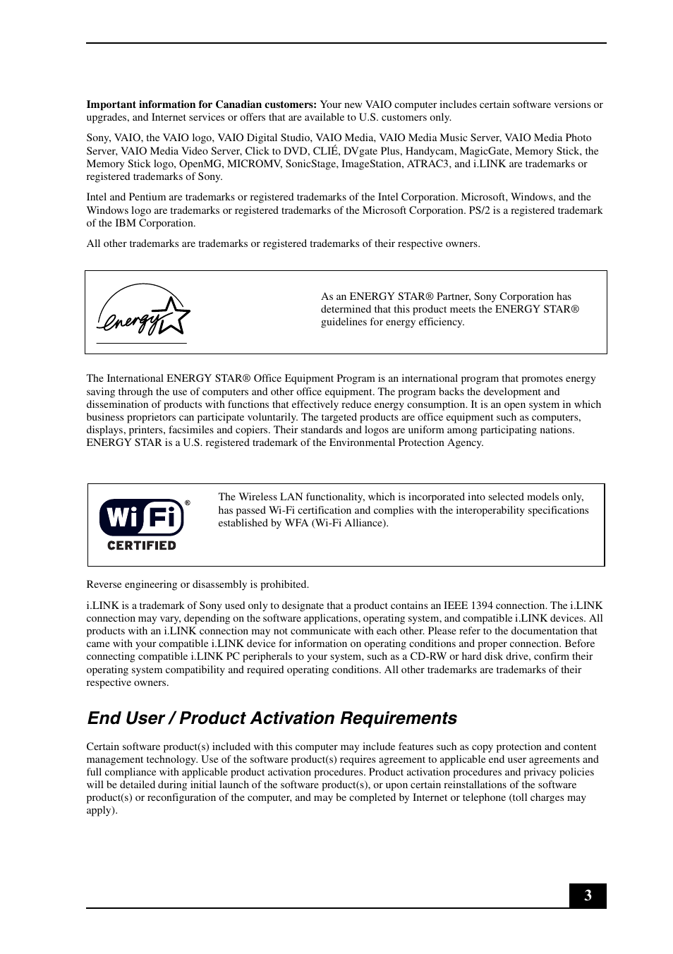 End user / product activation requirements | Sony VGC-VA11G User Manual | Page 3 / 20
