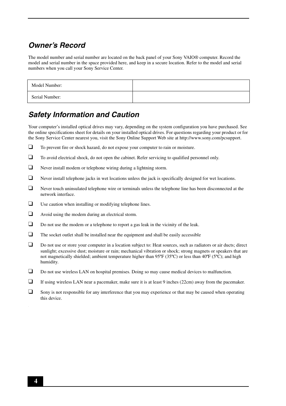 Owner’s record, Safety information and caution | Sony VGC-VA11G User Manual | Page 4 / 20
