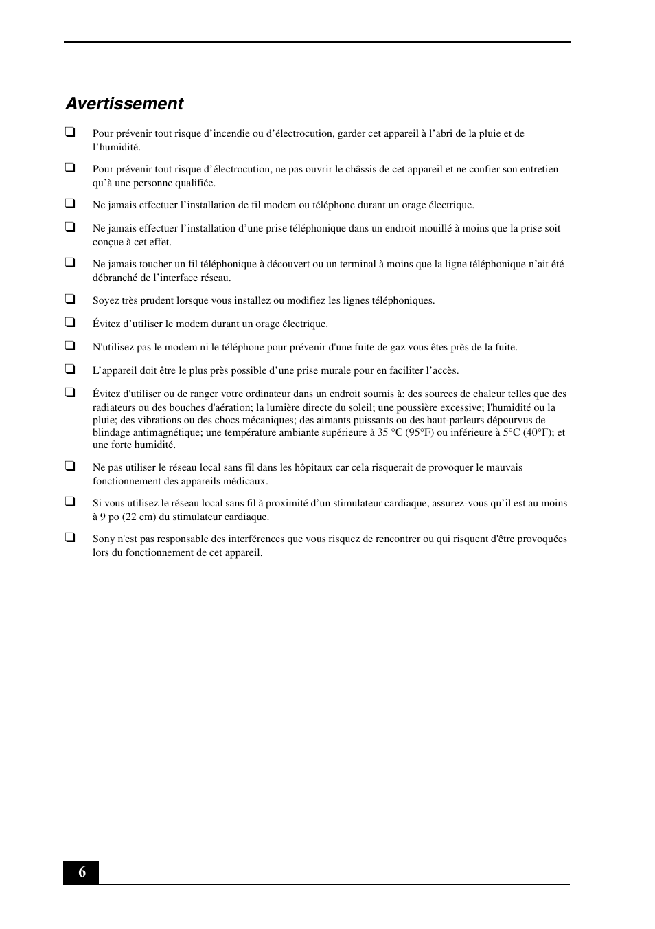 Avertissement | Sony VGC-VA11G User Manual | Page 6 / 20