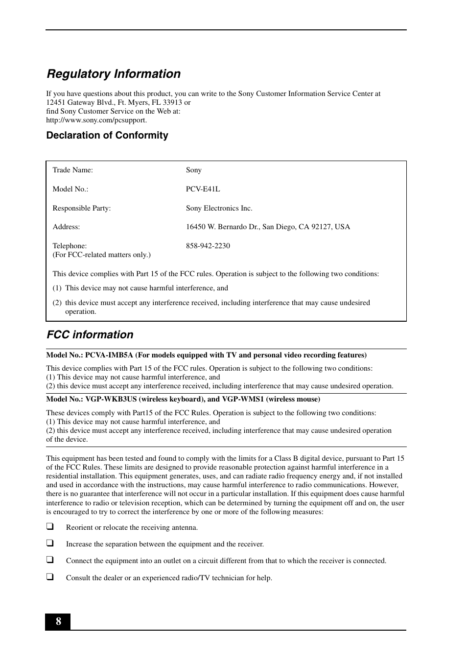 Regulatory information, Fcc information, Declaration of conformity | Sony VGC-VA11G User Manual | Page 8 / 20
