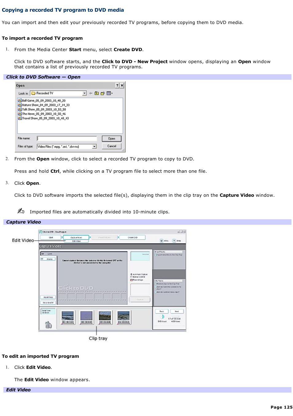 Copying a recorded tv program to dvd media | Sony PCV-RZ56G User Manual | Page 125 / 245