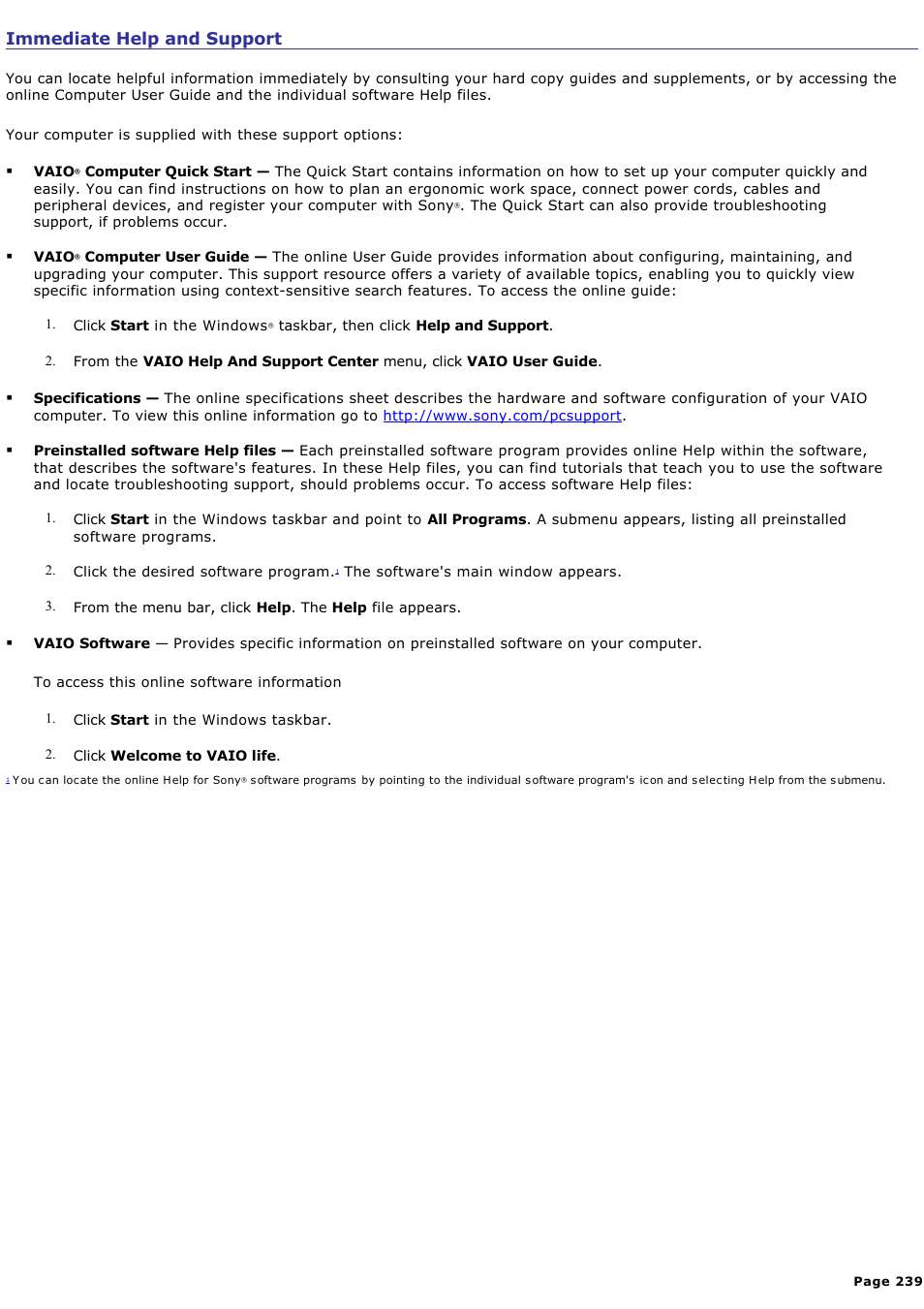Immediate help and support | Sony PCV-RZ56G User Manual | Page 239 / 245