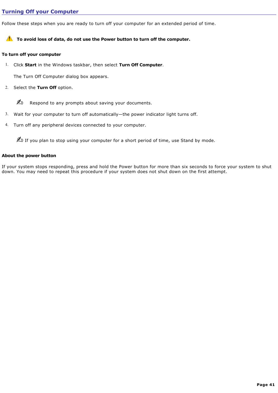 Turning off your computer | Sony PCV-RZ56G User Manual | Page 41 / 245
