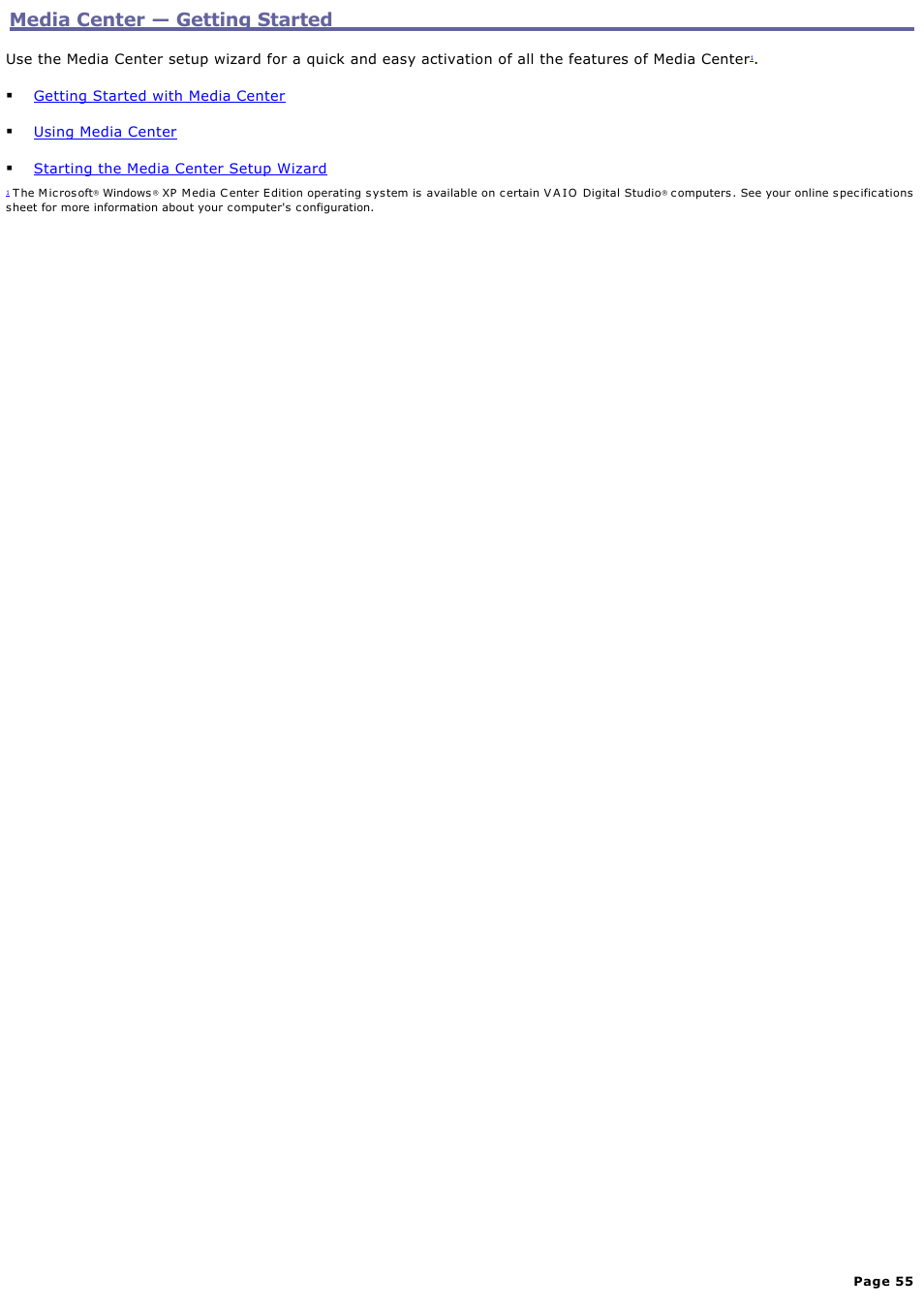 Media center — getting started, Media center — getting started | Sony PCV-RZ56G User Manual | Page 55 / 245