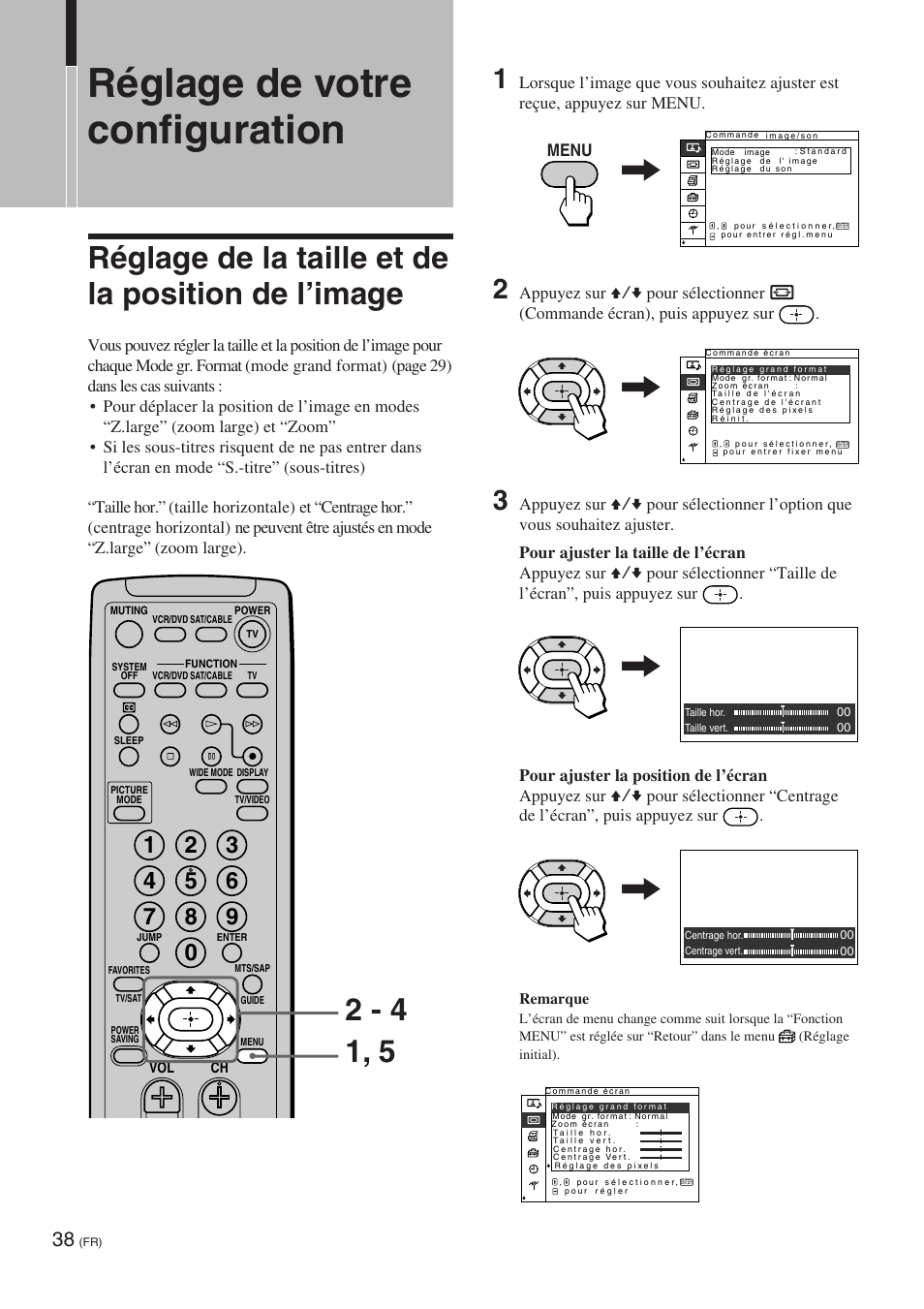 Réglage de votre configuration, Réglage de la taille et de la position de l’image | Sony KE-32TS2 User Manual | Page 100 / 188