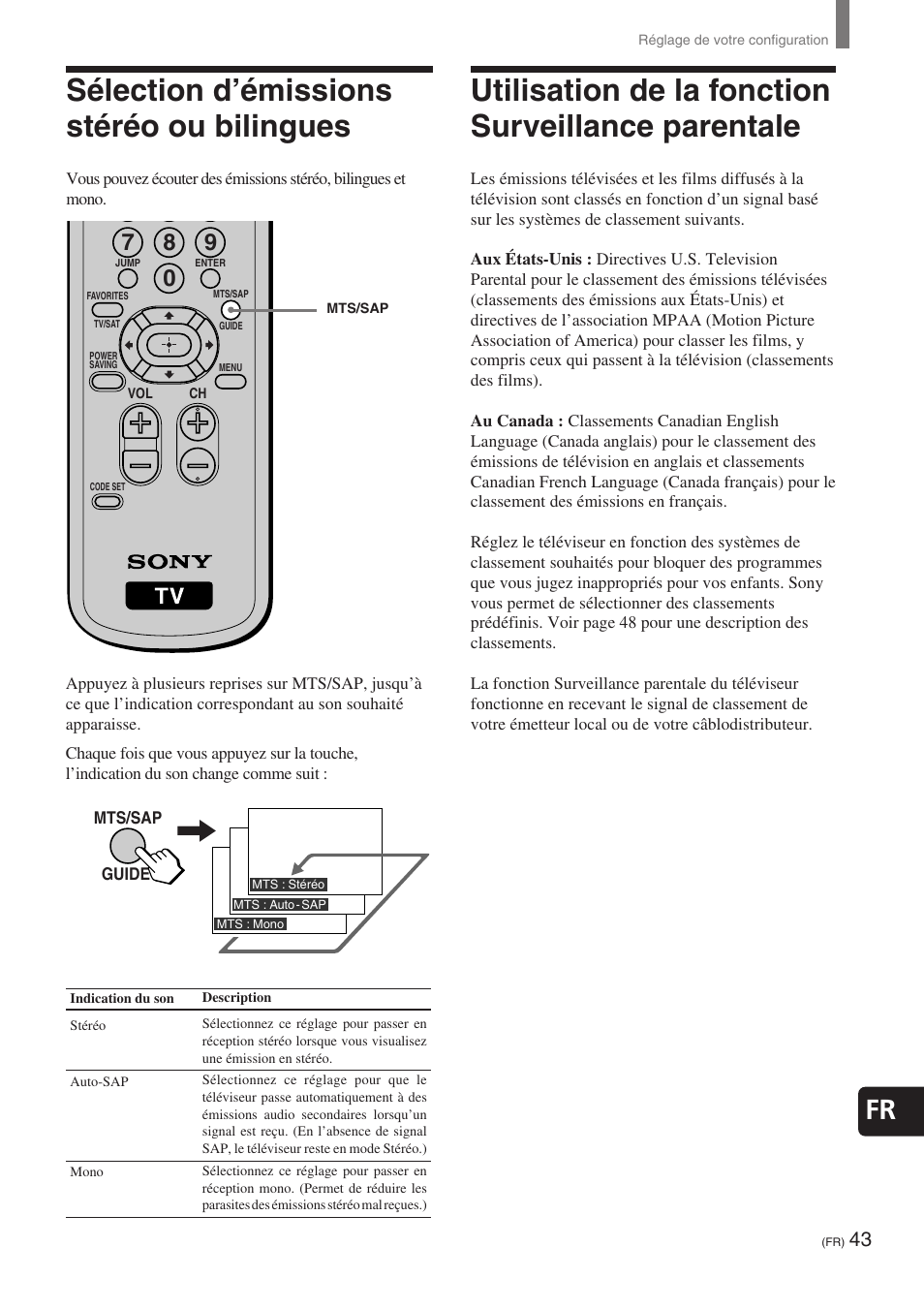 Sélection d’émissions stéréo ou bilingues, Utilisation de la fonction surveillance parentale | Sony KE-32TS2 User Manual | Page 105 / 188