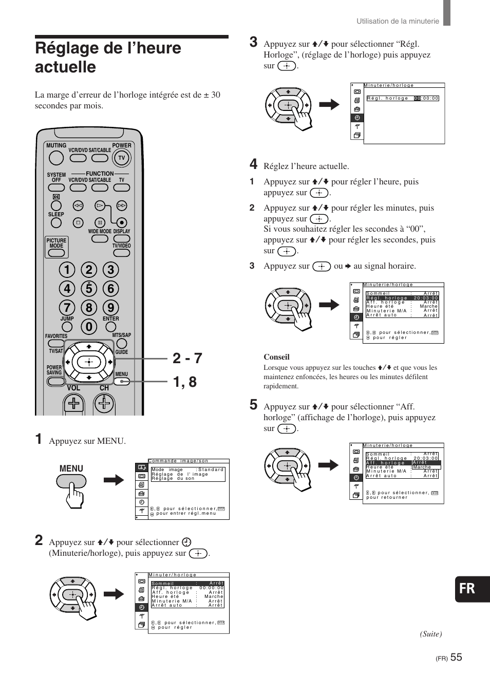 Réglage de l’heure actuelle, Appuyez sur menu, Menu | Sony KE-32TS2 User Manual | Page 117 / 188