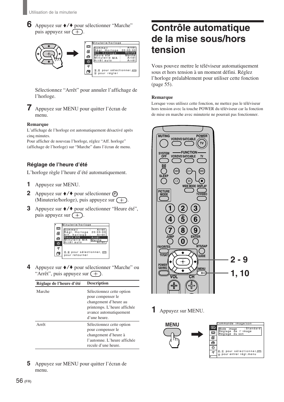 Contrôle automatique de la mise sous/hors tension, Appuyez sur menu pour quitter l’écran de menu, Appuyez sur menu | Menu | Sony KE-32TS2 User Manual | Page 118 / 188