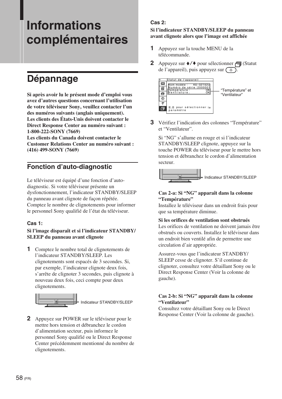 Informations complémentaires, Dépannage, Fonction d’auto-diagnostic | Sony KE-32TS2 User Manual | Page 120 / 188