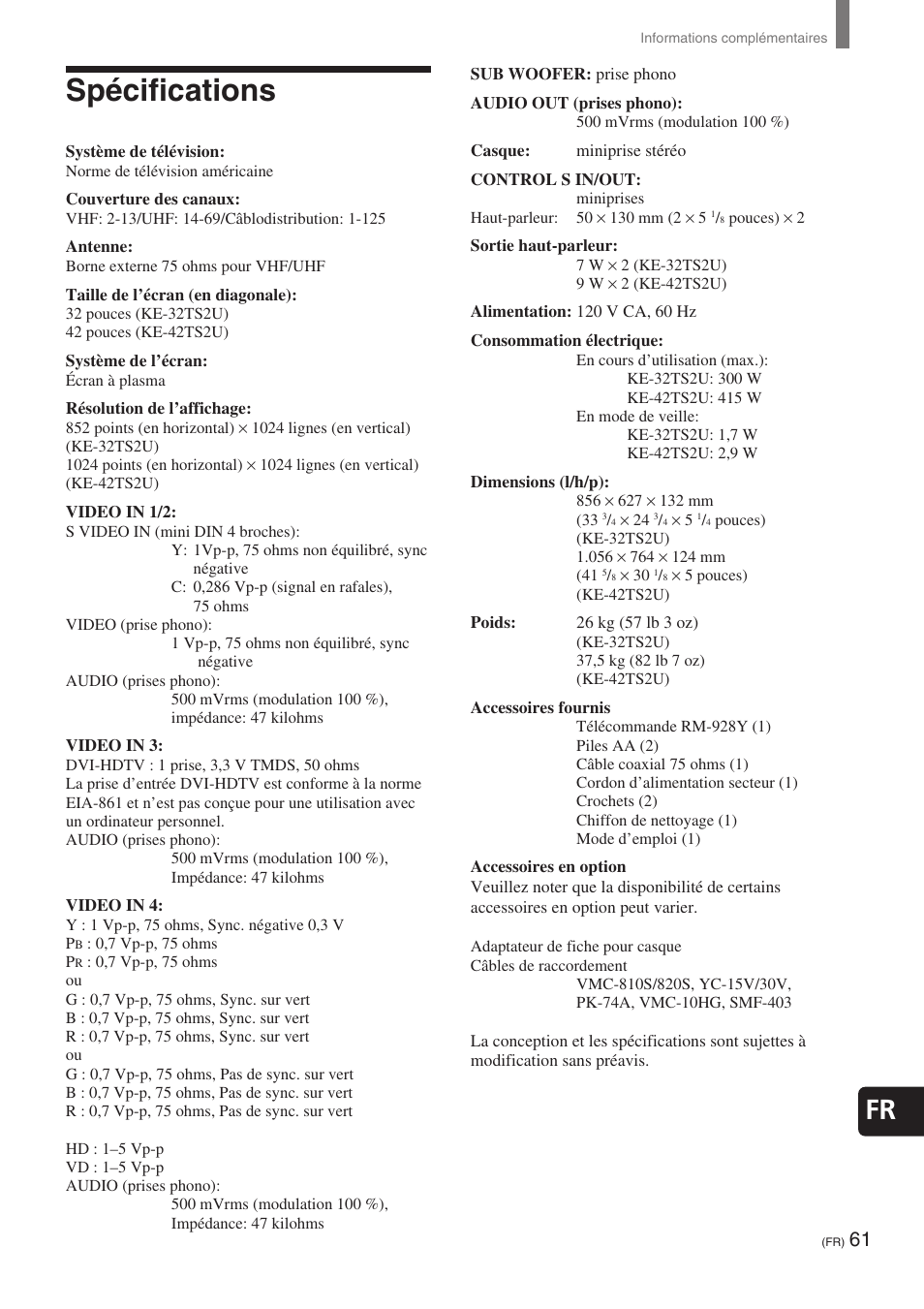 Spécifications | Sony KE-32TS2 User Manual | Page 123 / 188