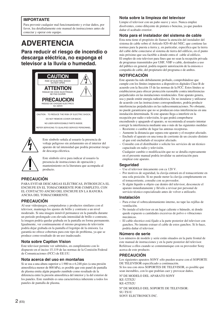 Advertencia, Caution, Attention | Precaucion | Sony KE-32TS2 User Manual | Page 126 / 188