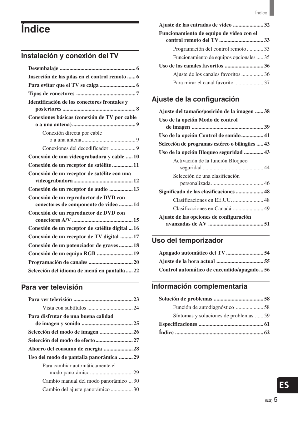 Índice, Instalación y conexión del tv, Para ver televisión | Ajuste de la configuración, Uso del temporizador, Información complementaria | Sony KE-32TS2 User Manual | Page 129 / 188