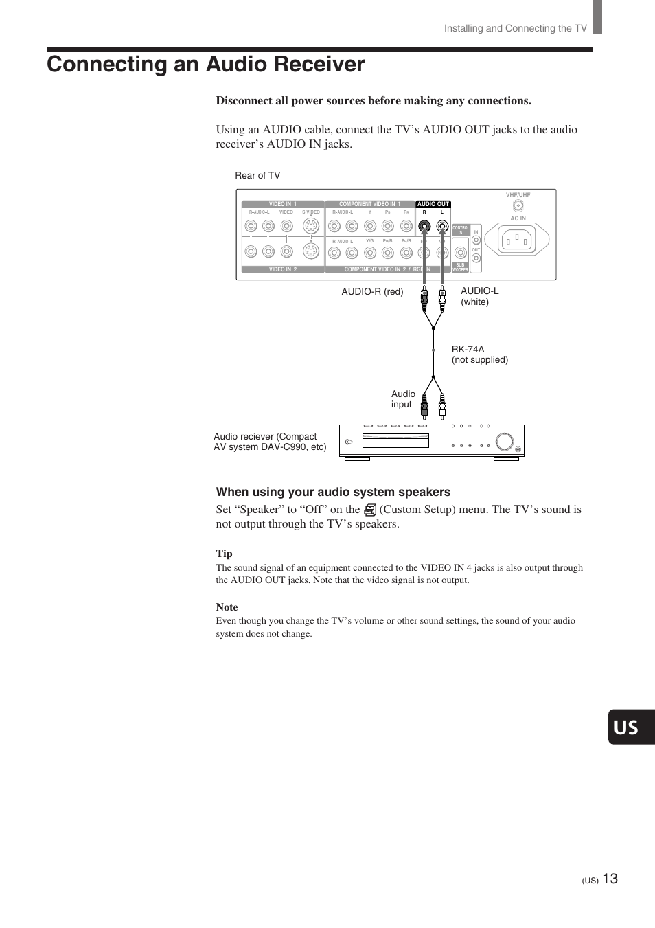 Connecting an audio receiver, Installing and connecting the tv | Sony KE-32TS2 User Manual | Page 13 / 188