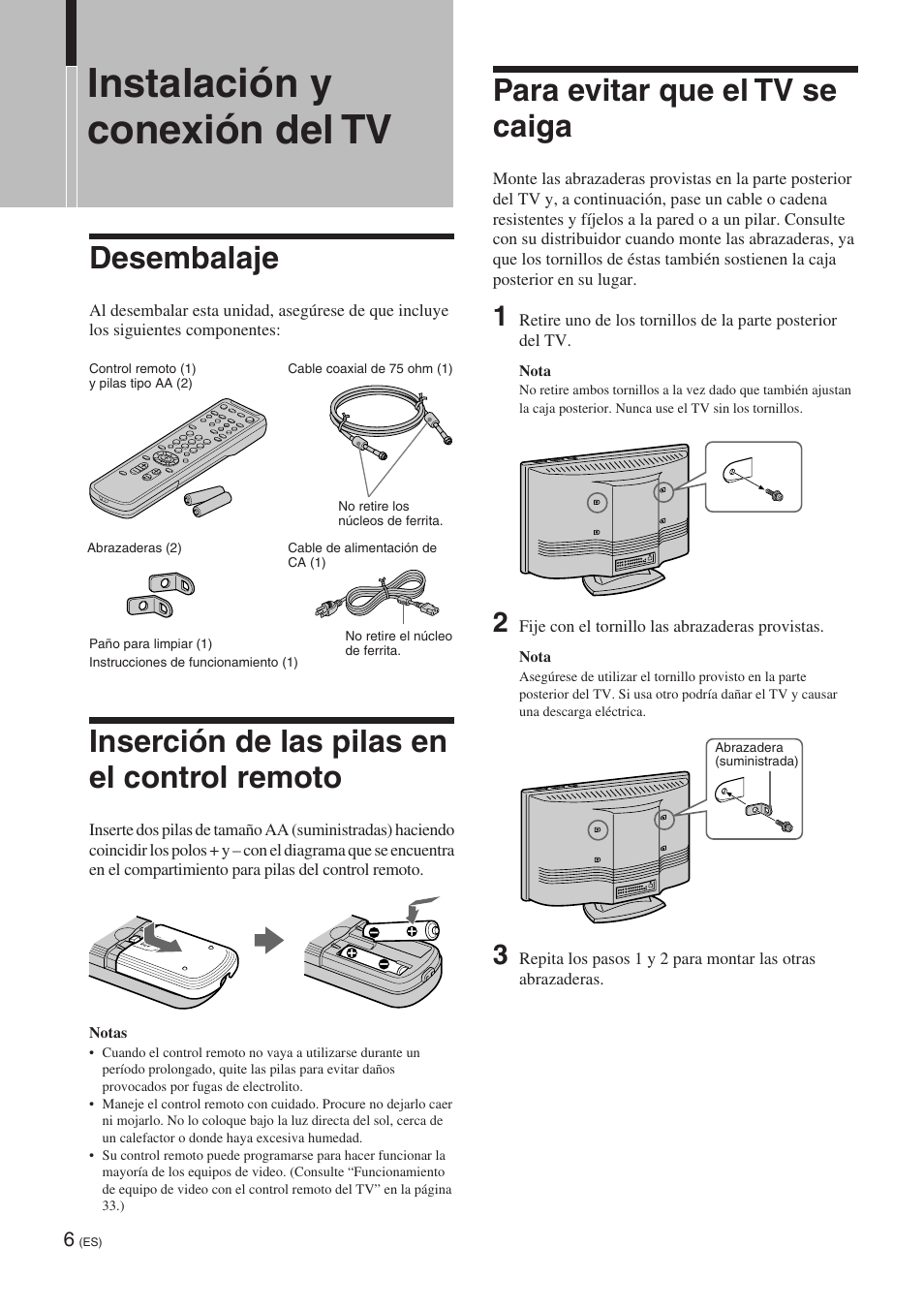 Instalación y conexión del tv, Desembalaje, Inserción de las pilas en el control remoto | Para evitar que el tv se caiga | Sony KE-32TS2 User Manual | Page 130 / 188
