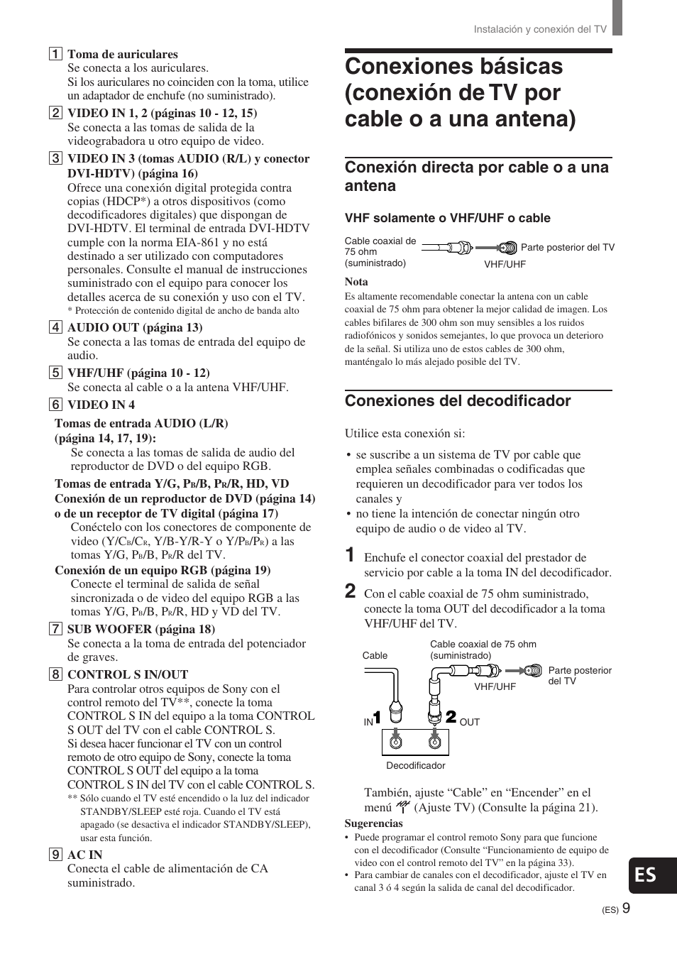 Conexión directa por cable o a una antena, Conexiones del decodificador | Sony KE-32TS2 User Manual | Page 133 / 188