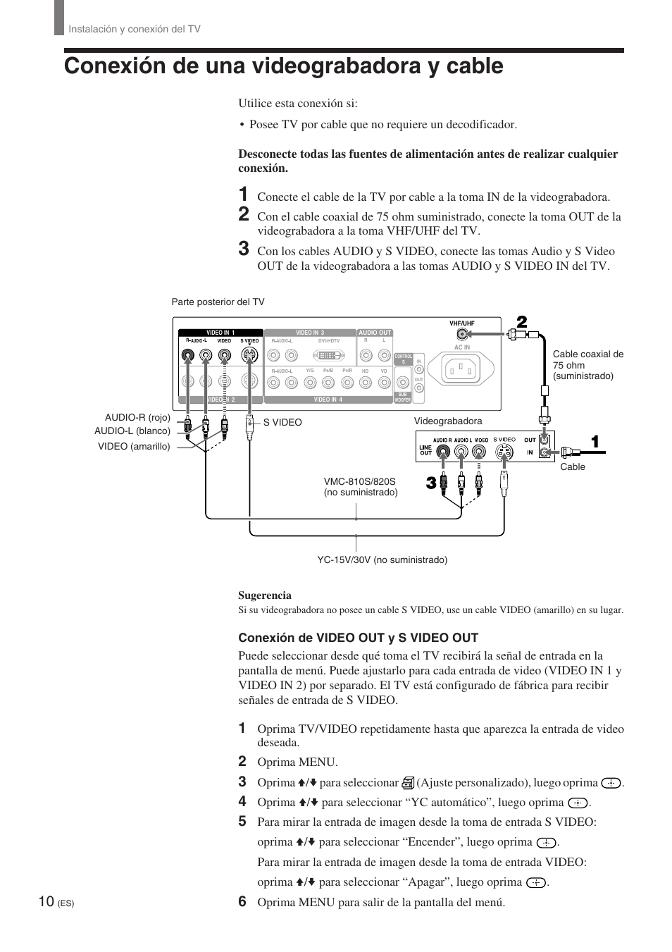 Conexión de una videograbadora y cable, Oprima menu, Oprima menu para salir de la pantalla del menú | Sony KE-32TS2 User Manual | Page 134 / 188