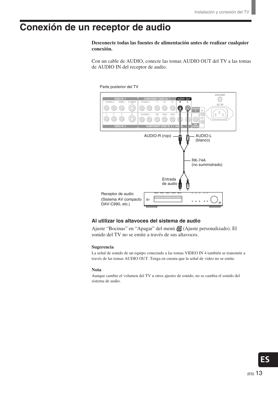 Conexión de un receptor de audio, Sugerencia, Nota | Instalación y conexión del tv | Sony KE-32TS2 User Manual | Page 137 / 188