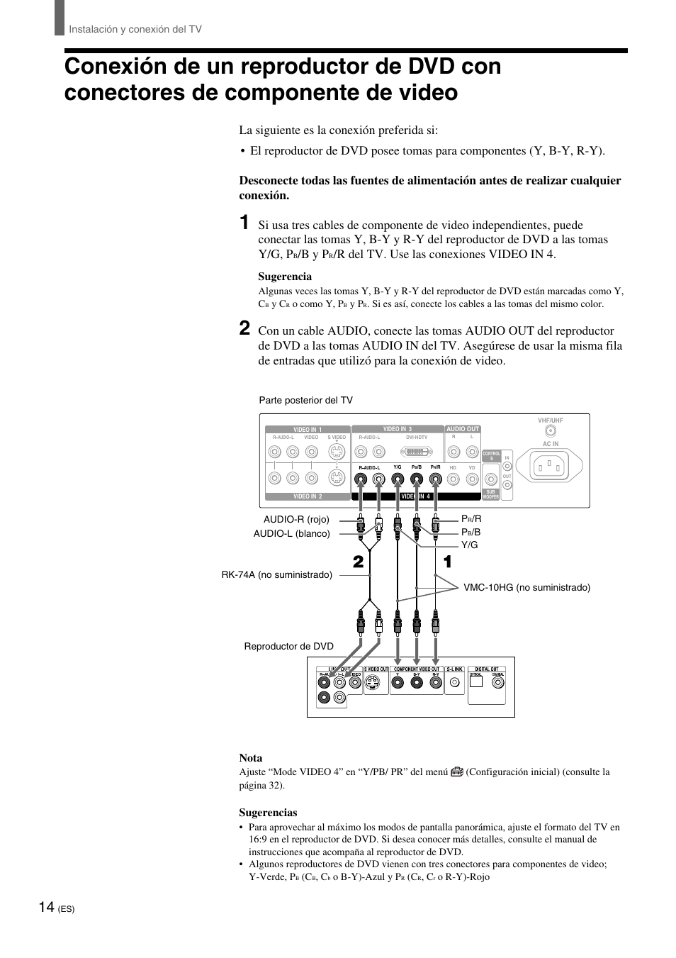 B y p, R del tv. use las conexiones video in 4, Sugerencia | Nota, Sugerencias | Sony KE-32TS2 User Manual | Page 138 / 188