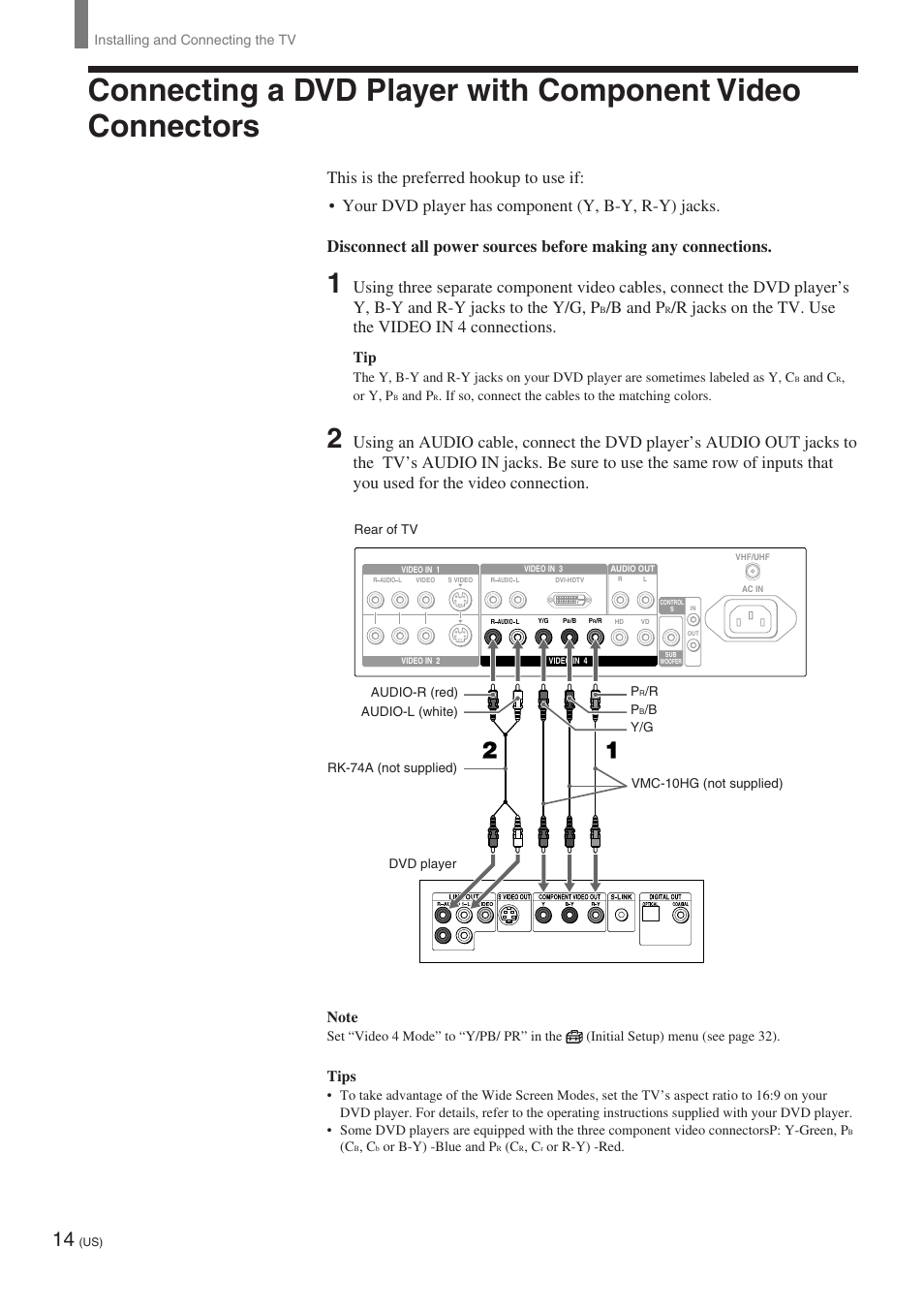 B and p, R jacks on the tv. use the video in 4 connections, Tips | Sony KE-32TS2 User Manual | Page 14 / 188