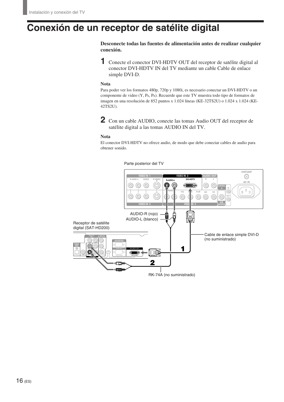 Conexión de un receptor de satélite digital, Nota, Instalación y conexión del tv | Sony KE-32TS2 User Manual | Page 140 / 188