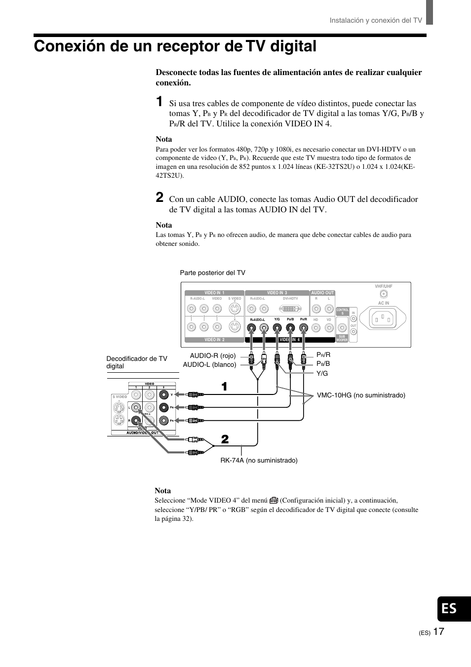 Conexión de un receptor de tv digital, Del decodificador de tv digital a las tomas y/g, p, B y p | R del tv. utilice la conexión video in 4, Nota | Sony KE-32TS2 User Manual | Page 141 / 188