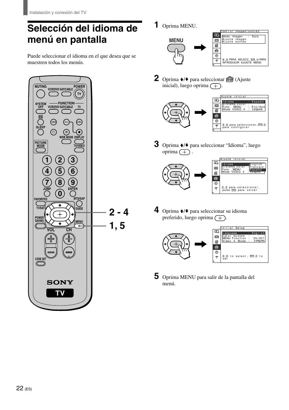 Selección del idioma de menú en pantalla, Oprima menu, Oprima v/v para seleccionar “idioma”, luego oprima | Oprima menu para salir de la pantalla del menú, Menu | Sony KE-32TS2 User Manual | Page 146 / 188