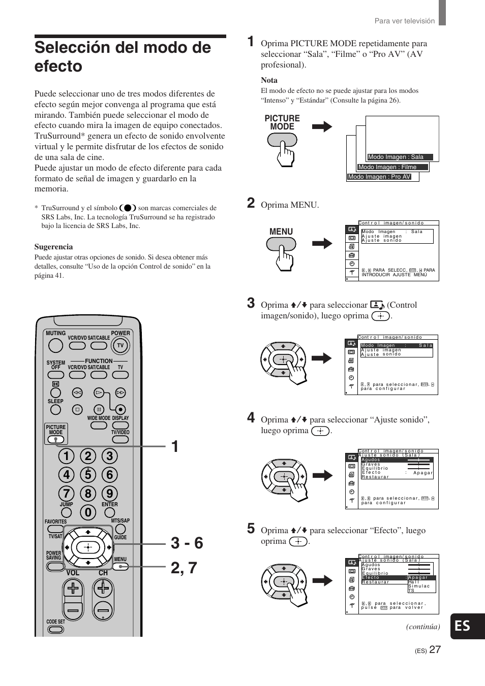 Selección del modo de efecto, Picture mode, Menu | Oprima menu, Oprima v/v para seleccionar “efecto”, luego oprima | Sony KE-32TS2 User Manual | Page 151 / 188