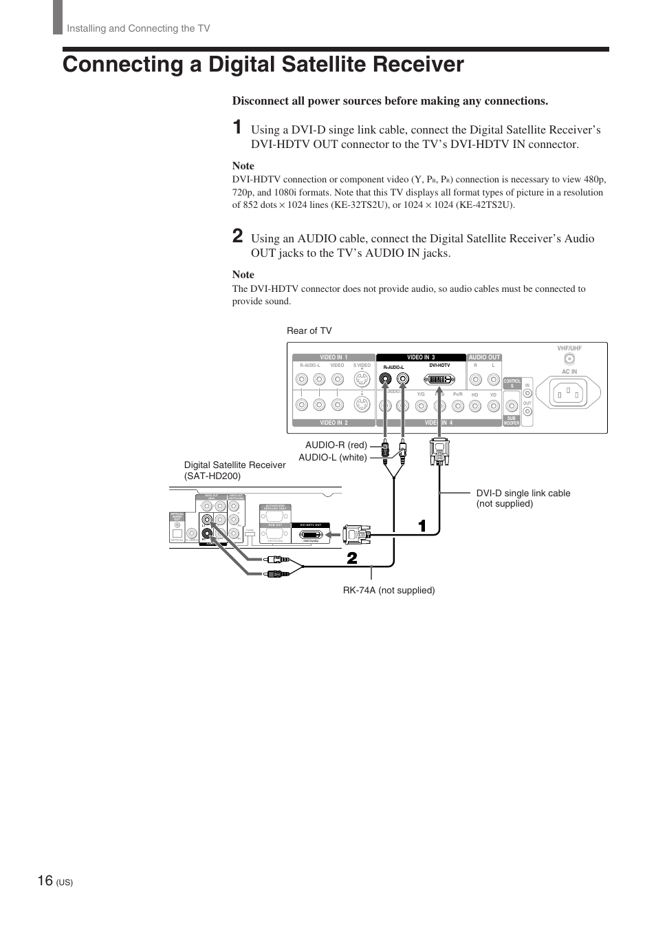 Connecting a digital satellite receiver, Installing and connecting the tv, Dvi-hdtv connection or component video (y, p | Sony KE-32TS2 User Manual | Page 16 / 188
