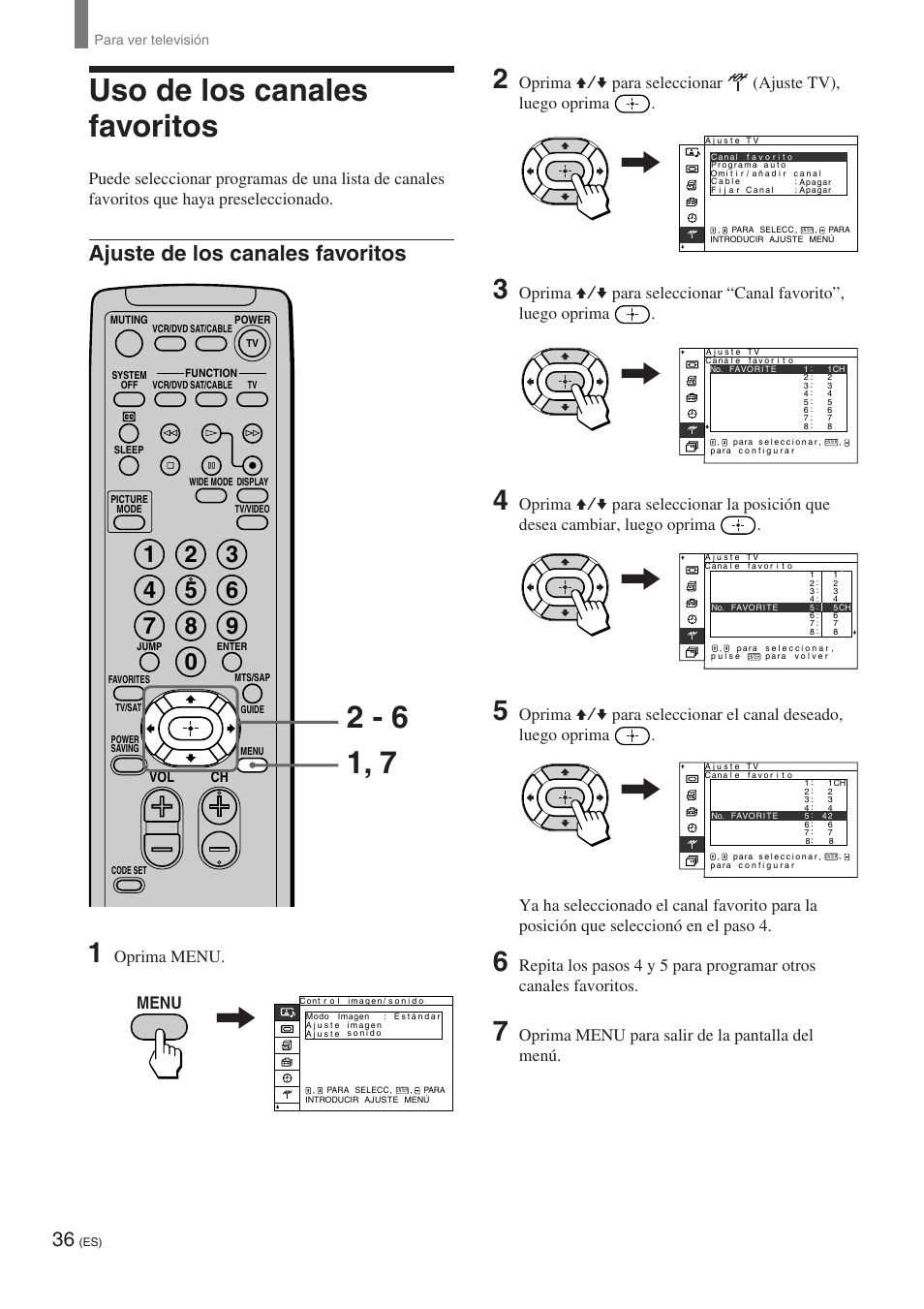 Uso de los canales favoritos, Ajuste de los canales favoritos, Menu | Oprima menu, Oprima menu para salir de la pantalla del menú | Sony KE-32TS2 User Manual | Page 160 / 188