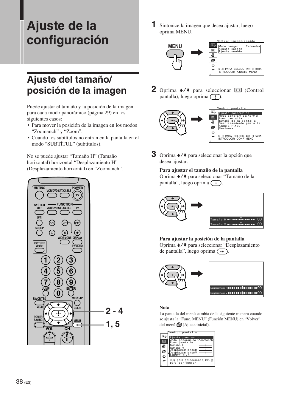 Ajuste de la configuración, Ajuste del tamaño/ posición de la imagen, Menu | Sony KE-32TS2 User Manual | Page 162 / 188