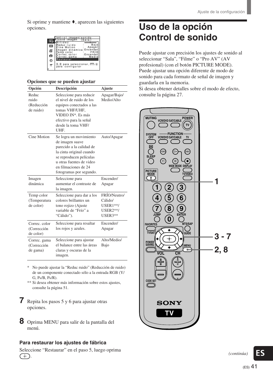 Uso de la opción control de sonido, Repita los pasos 5 y 6 para ajustar otras opciones | Sony KE-32TS2 User Manual | Page 165 / 188