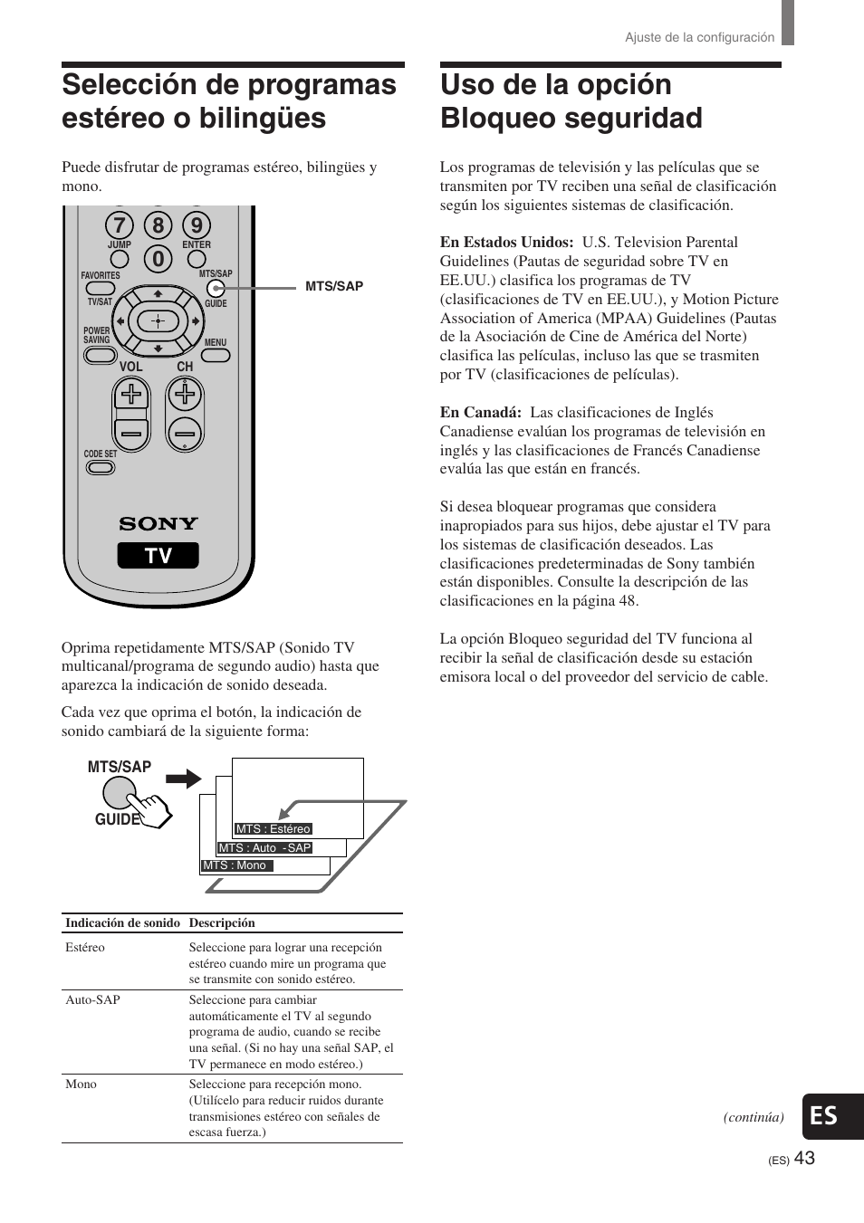 Selección de programas estéreo o bilingües, Uso de la opción bloqueo seguridad | Sony KE-32TS2 User Manual | Page 167 / 188