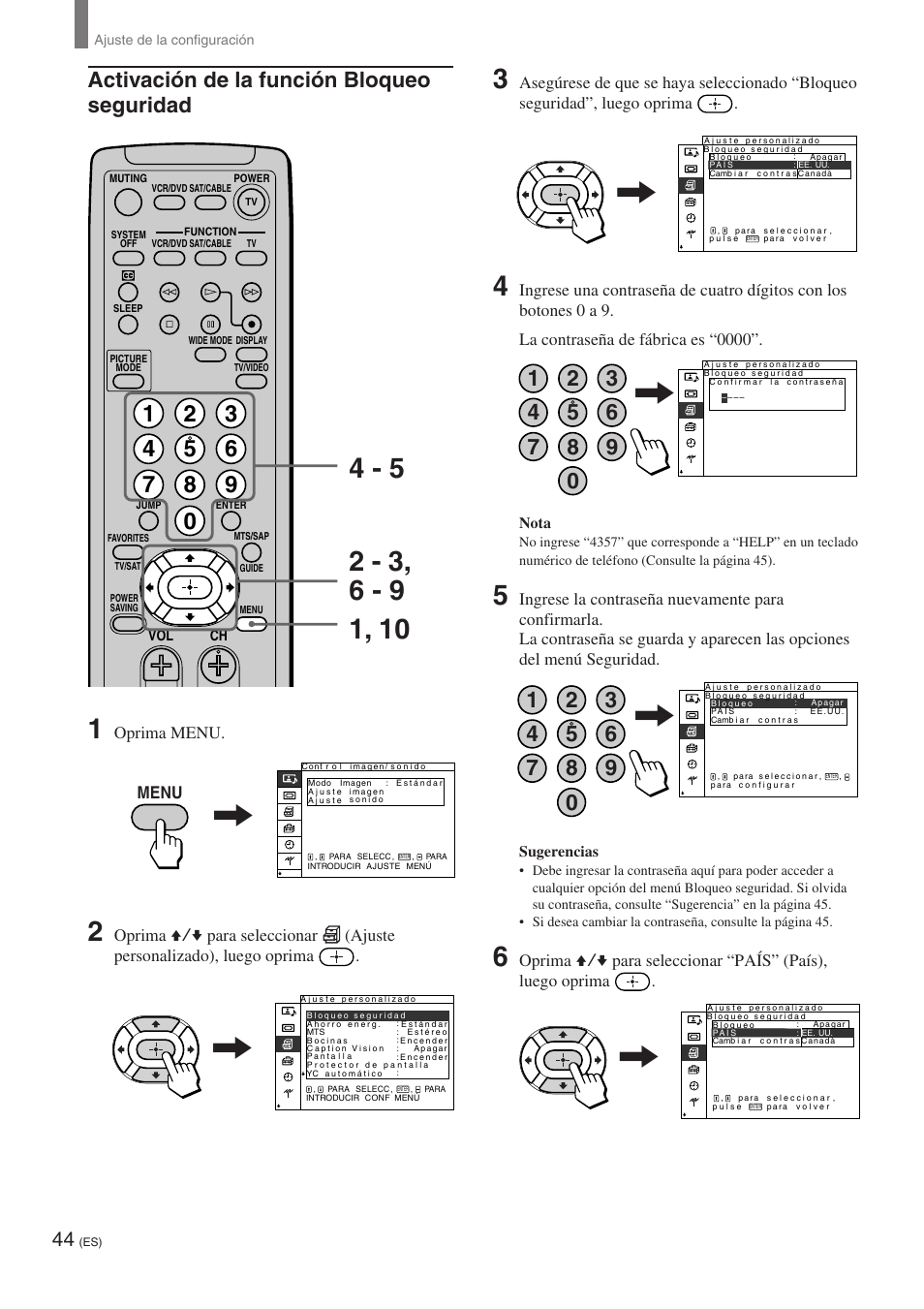 Activación de la función bloqueo seguridad, Menu, Oprima menu | Sony KE-32TS2 User Manual | Page 168 / 188