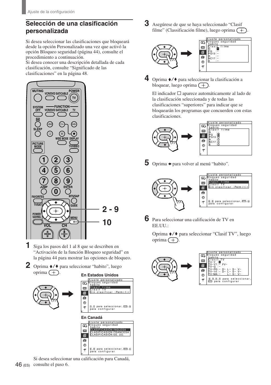 Selección de una clasificación personalizada, Oprima, Para seleccionar “clasif tv”, luego oprima | Oprima b para volver al menú “habito, Para seleccionar una calificación de tv en ee.uu | Sony KE-32TS2 User Manual | Page 170 / 188