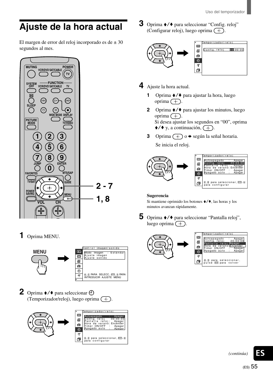 Ajuste de la hora actual, Es 3, Oprima menu | Menu, Sugerencia, Continúa) | Sony KE-32TS2 User Manual | Page 179 / 188