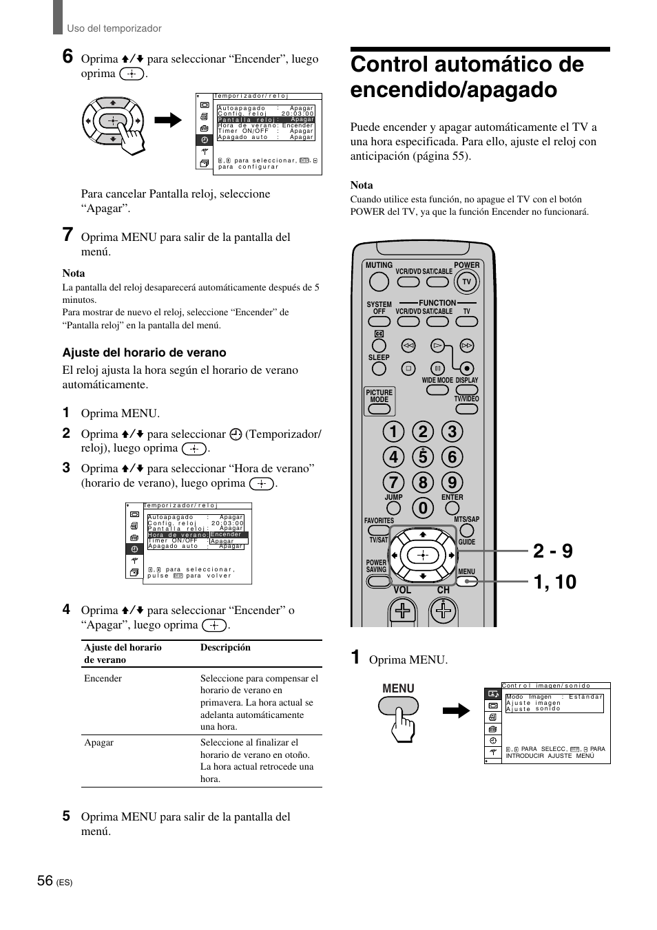 Control automático de encendido/apagado, Oprima menu para salir de la pantalla del menú, Oprima menu | Menu | Sony KE-32TS2 User Manual | Page 180 / 188