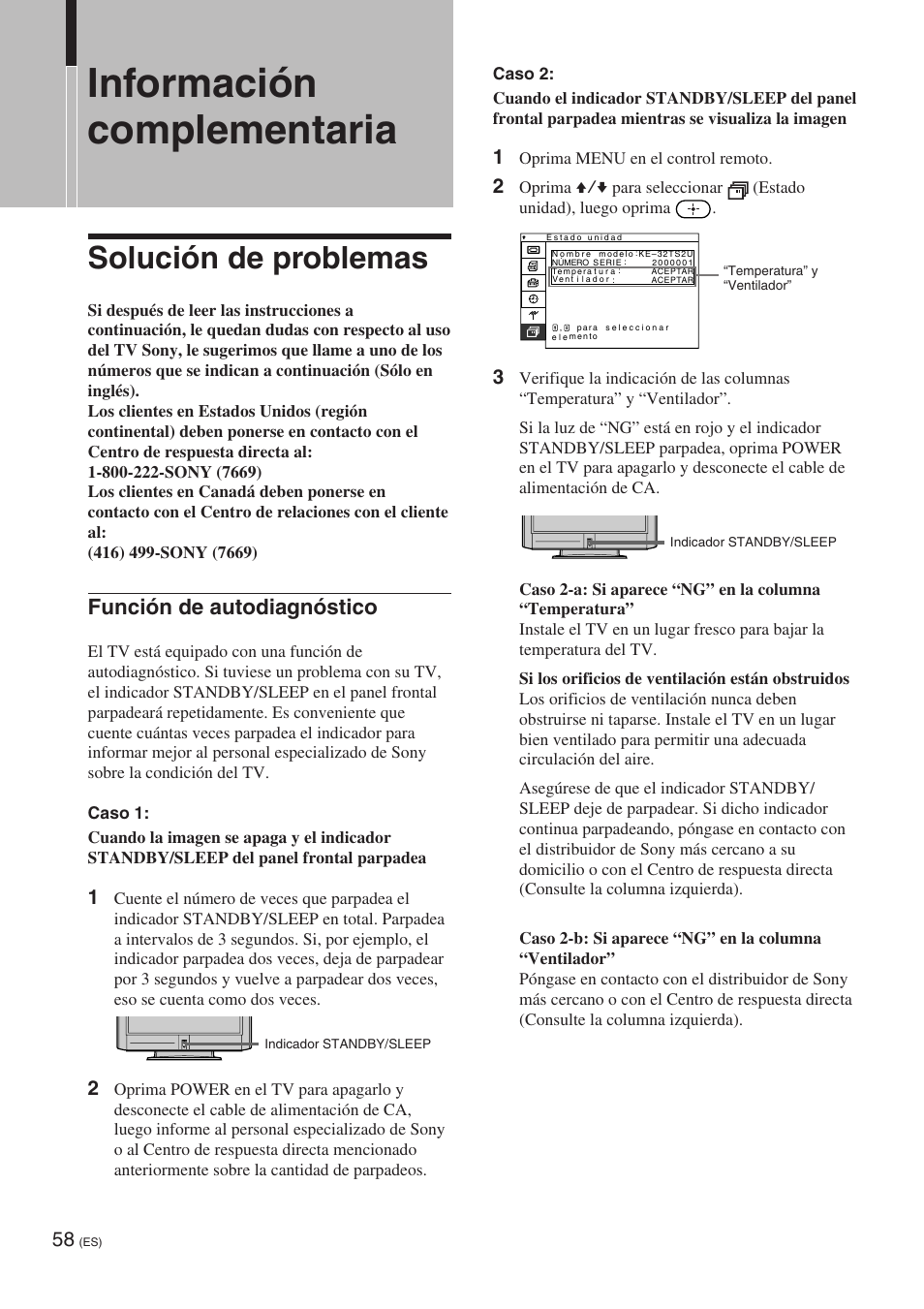 Información complementaria, Solución de problemas, Función de autodiagnóstico | Sony KE-32TS2 User Manual | Page 182 / 188