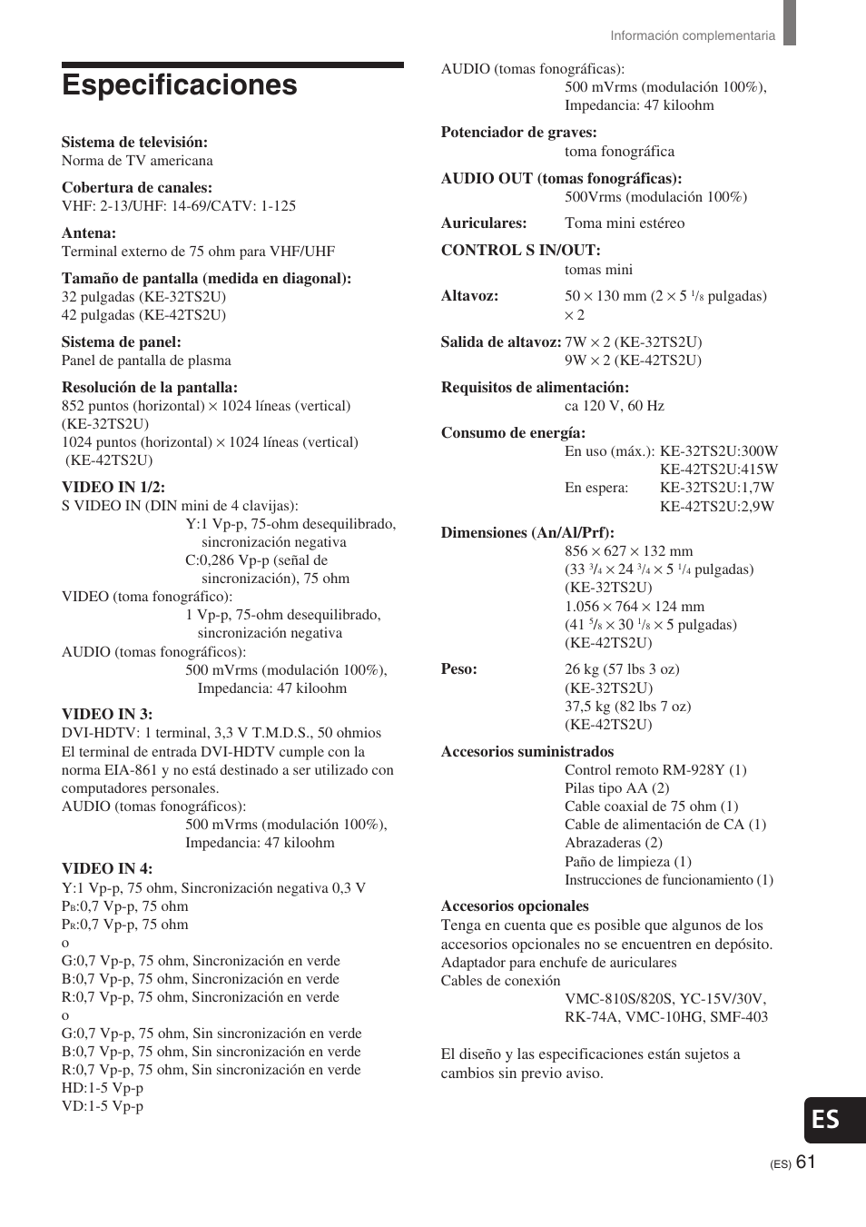 Especificaciones | Sony KE-32TS2 User Manual | Page 185 / 188