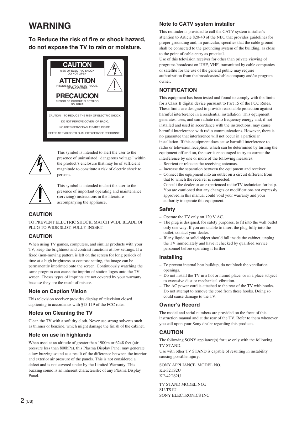Warning, Caution, Attention | Precaucion | Sony KE-32TS2 User Manual | Page 2 / 188