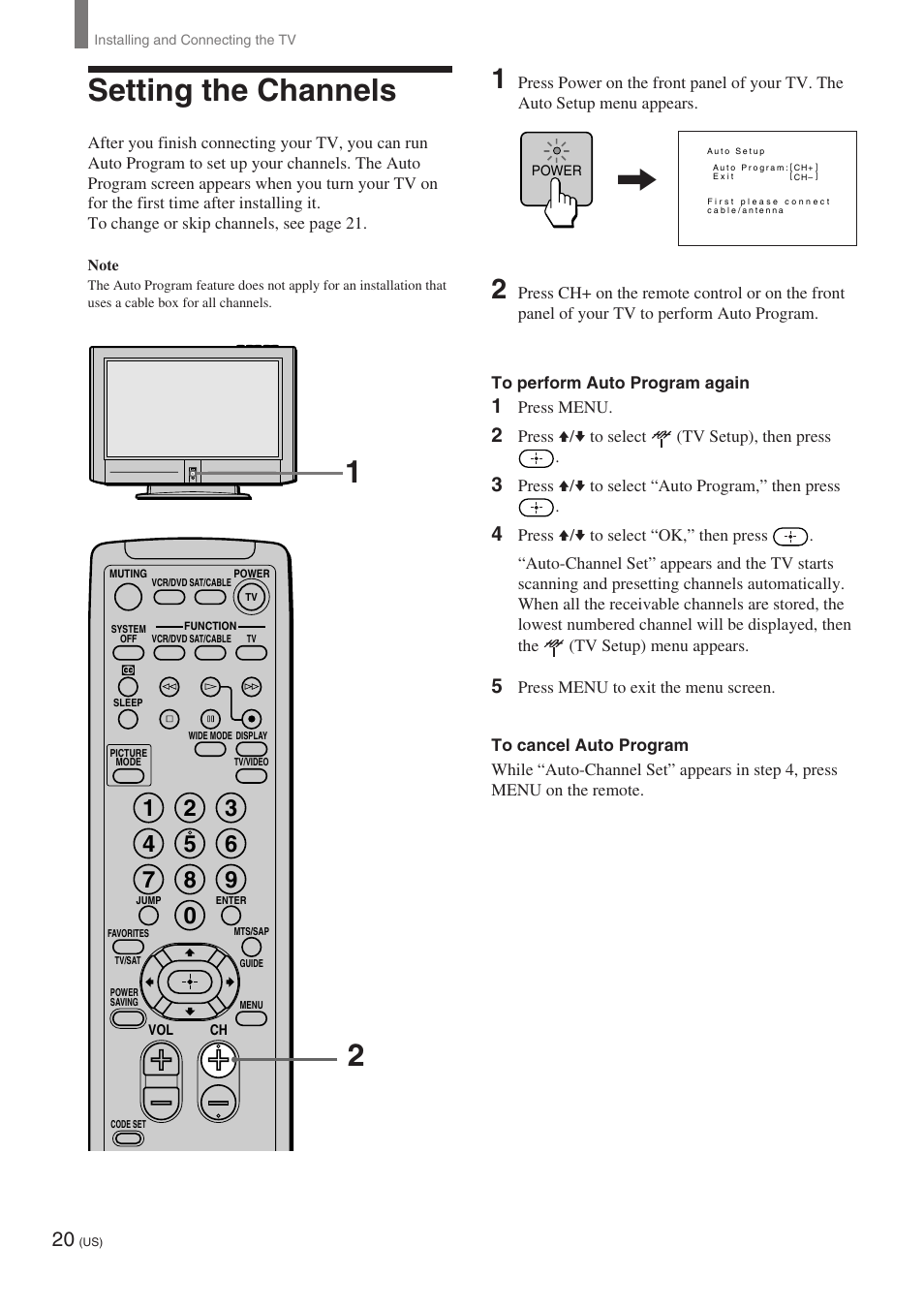 Setting the channels | Sony KE-32TS2 User Manual | Page 20 / 188
