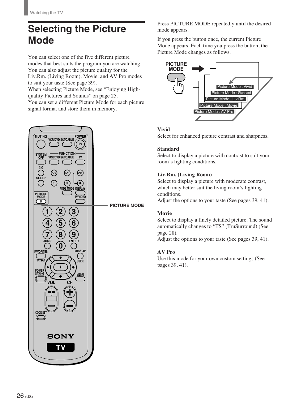 Selecting the picture mode | Sony KE-32TS2 User Manual | Page 26 / 188