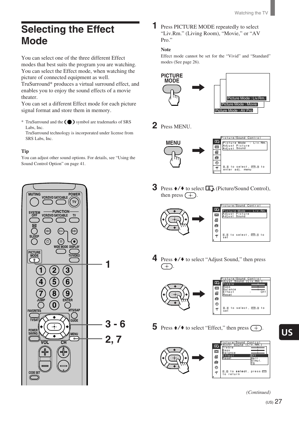 Selecting the effect, Selecting the effect mode, Press menu | Press v/v to select “adjust sound,” then press, Menu | Sony KE-32TS2 User Manual | Page 27 / 188