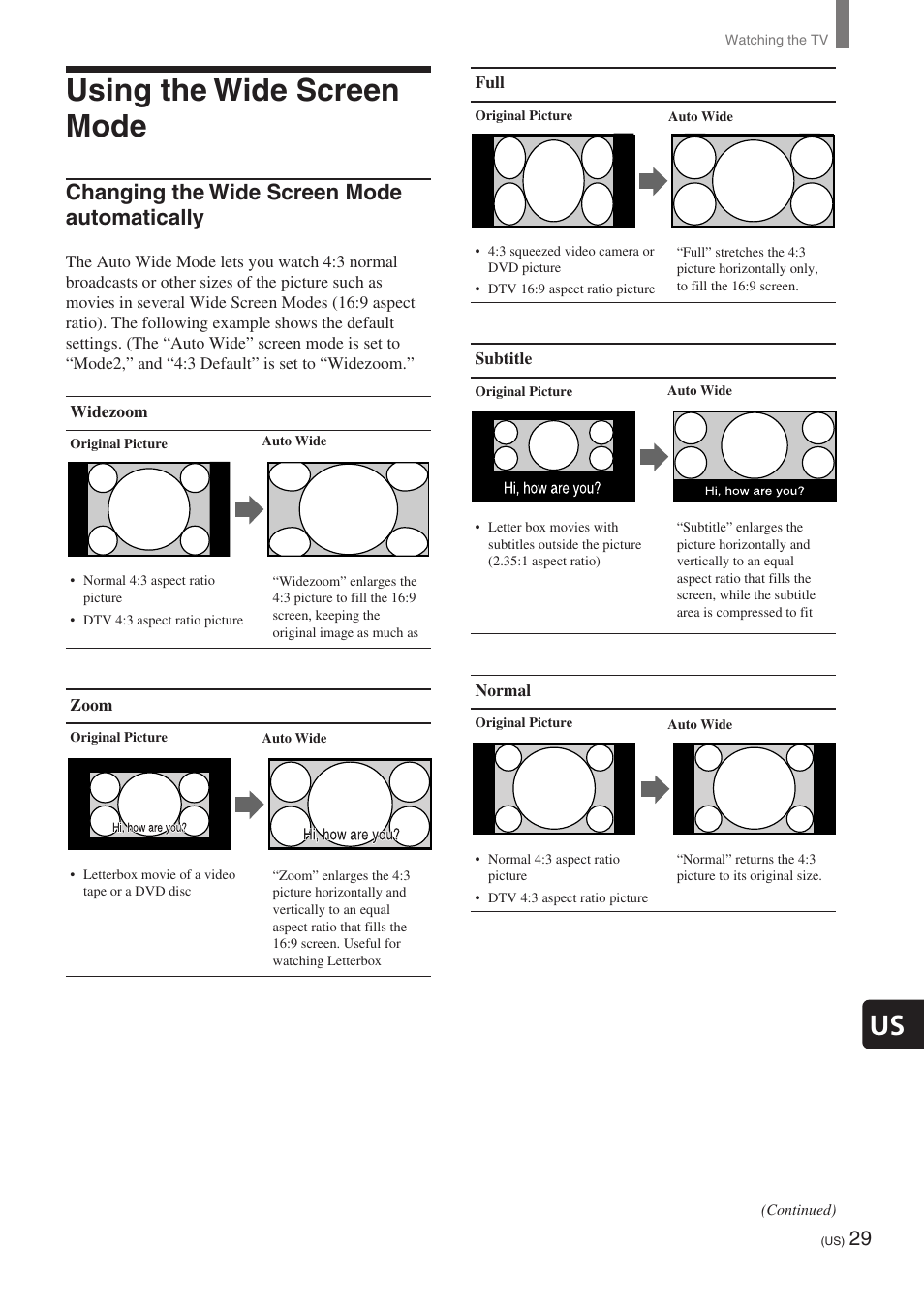 Using the wide screen mode, Changing the wide screen mode automatically | Sony KE-32TS2 User Manual | Page 29 / 188