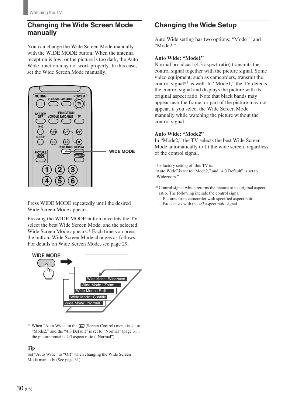 Changing the wide screen mode manually, Changing the wide setup | Sony KE-32TS2 User Manual | Page 30 / 188