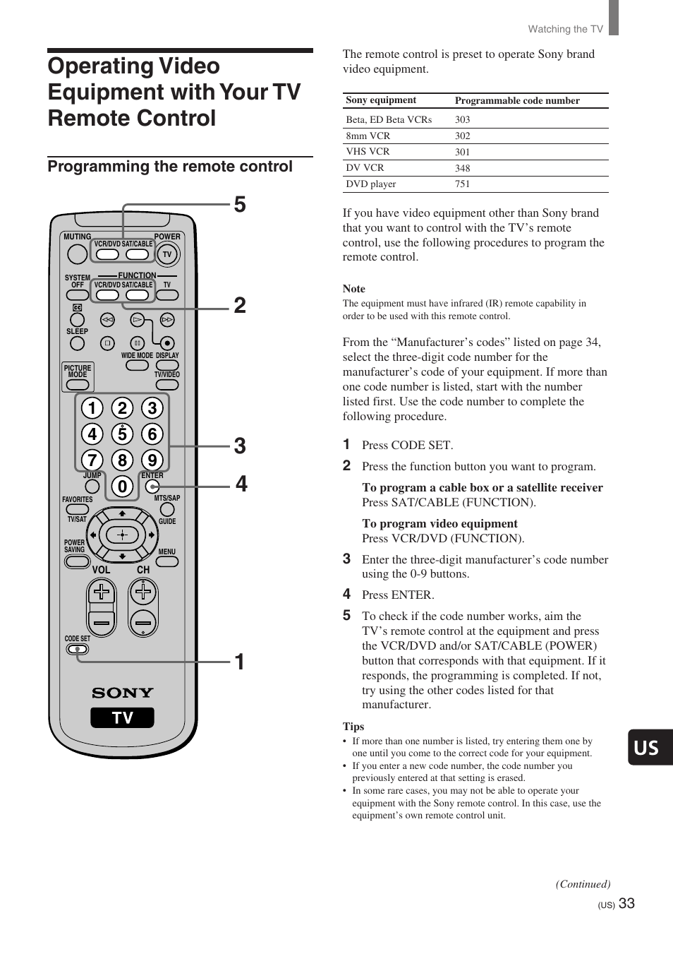 Programming the remote control | Sony KE-32TS2 User Manual | Page 33 / 188