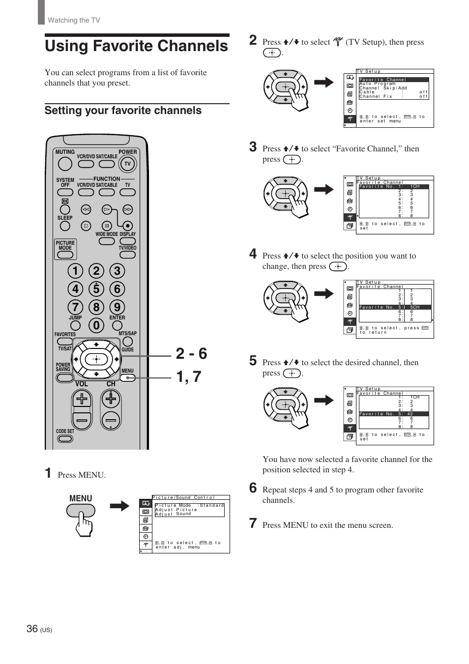 Using favorite channels, Setting your favorite channels, Menu | Press menu, Press v/v to select (tv setup), then press, Press v/v to select “favorite channel,” then press, Press menu to exit the menu screen | Sony KE-32TS2 User Manual | Page 36 / 188