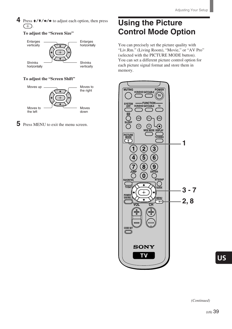 Using the picture control mode option, Us 4 | Sony KE-32TS2 User Manual | Page 39 / 188