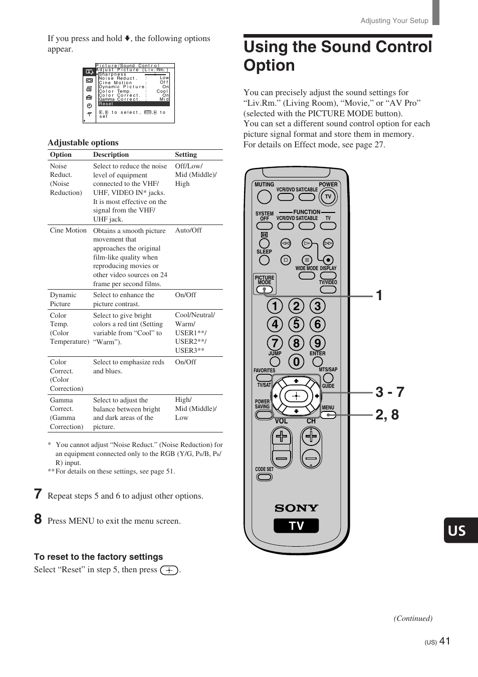 Using the sound control option, Repeat steps 5 and 6 to adjust other options | Sony KE-32TS2 User Manual | Page 41 / 188