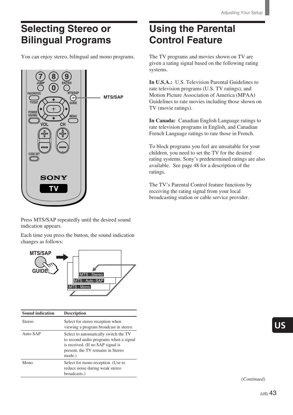 Selecting stereo or bilingual programs, Using the parental control feature | Sony KE-32TS2 User Manual | Page 43 / 188
