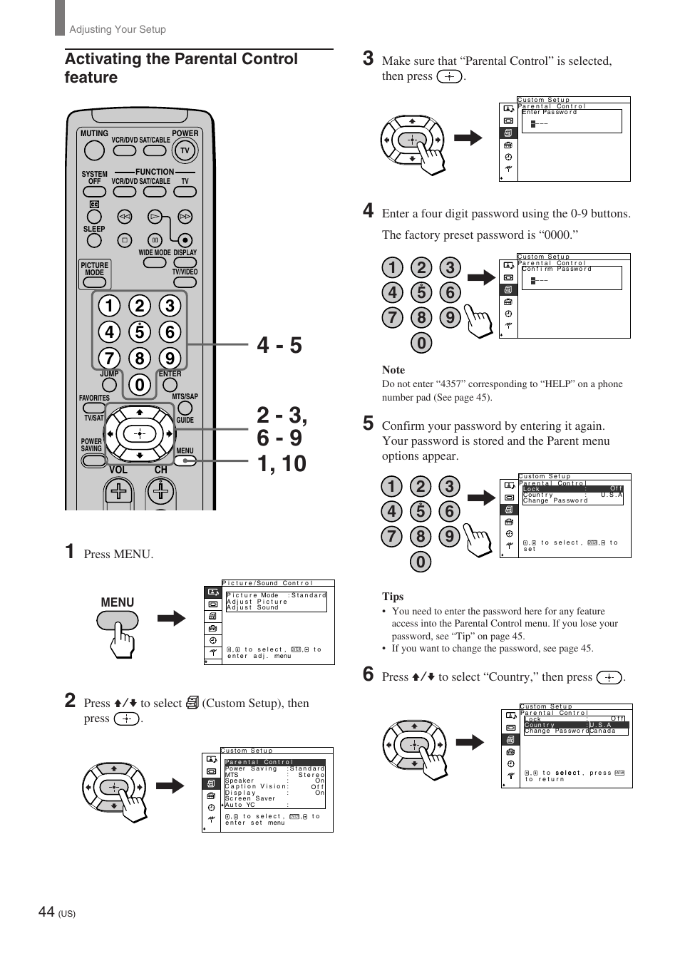 Activating the parental control feature, Menu, Press v/v to select “country,” then press | Press menu, Press v/v to select (custom setup), then press | Sony KE-32TS2 User Manual | Page 44 / 188